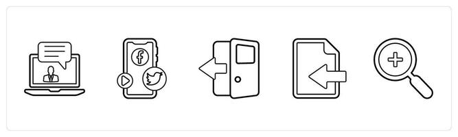 A set of 5 mix icons as message, social media mobile, exit door in black line color vector