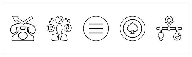 A set of 5 mix icons as contact, social media, menu bar in black line color vector