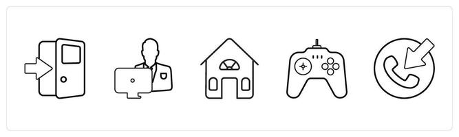 A set of 5 mix icons as enter door, working man, house in black line color vector