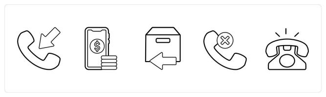 A set of 5 mix icons as receive call, digital money, returned parcel in black line color vector