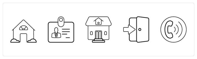 A set of 5 mix icons as house, identification card, residential property in black line color vector