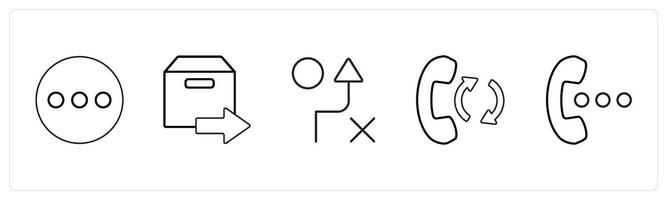 A set of 5 mix icons as menu, forward parcel, wrong route in black line color vector