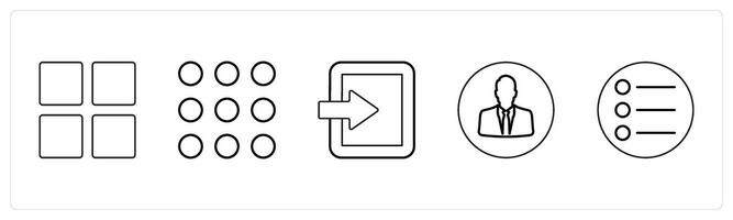 A set of 5 mix icons as grid, dots grid, tablet in black line color vector