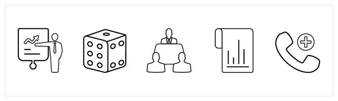A set of 5 mix icons as presentation, dice, meeting room in black line color vector