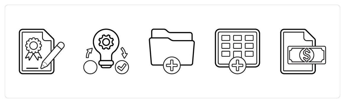 A set of 5 mix icons as certified document, creative idea, add folder in black line color vector