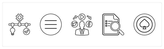 A set of 5 mix icons as solution management, menu bar, social media in black line color vector