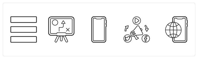 A set of 5 mix icons as menu bar, solution, mobile phone in black line color vector
