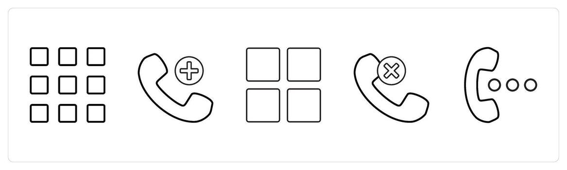 A set of 5 mix icons as square grid, add call, grid in black line color vector