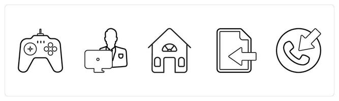 A set of 5 mix icons as game, working man, house in black line color vector