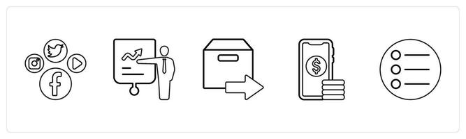 A set of 5 mix icons as social media, presentation, forward parcel in black line color vector