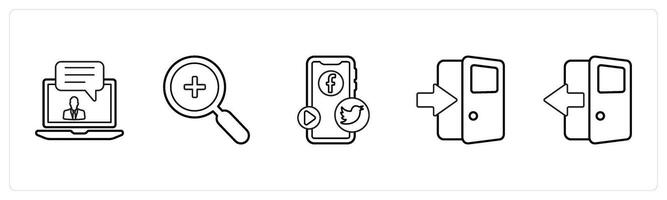 A set of 5 mix icons as message, magnifier, social media mobile in black line color vector
