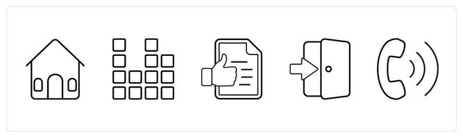 A set of 5 mix icons as house, diagram, agreement in black line color vector