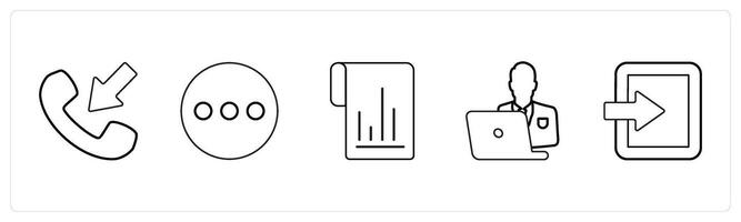 A set of 5 mix icons as receive call, menu, flow chart in black line color vector