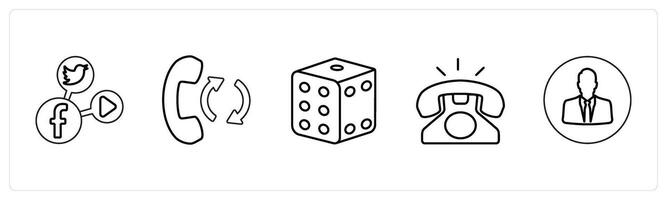 A set of 5 mix icons as social media, call transfer, dice in black line color vector