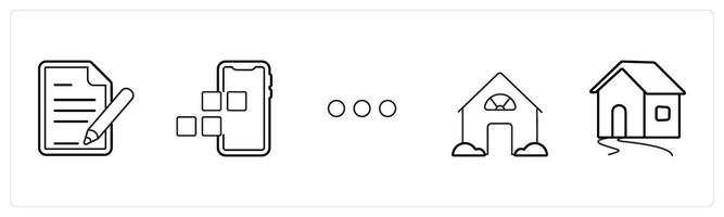 A set of 5 mix icons as edit details, mobile apps, dots in black line color vector