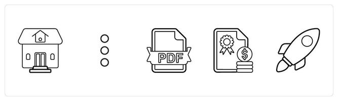 A set of 5 mix icons as residential property, vertical dots, pdf file in black line color vector