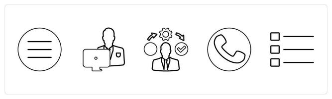 A set of 5 mix icons as menu bar, working man, right management in black line color vector