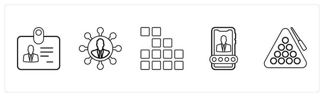 A set of 5 mix icons as identification card, user network, application in black line color vector