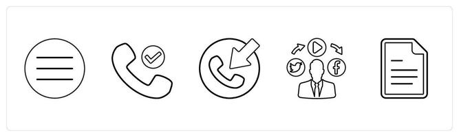 A set of 5 mix icons as mobile menu, right contact, contact in black line color vector