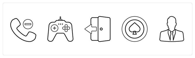 A set of 5 mix icons as remove contact, game, tablet in black line color vector