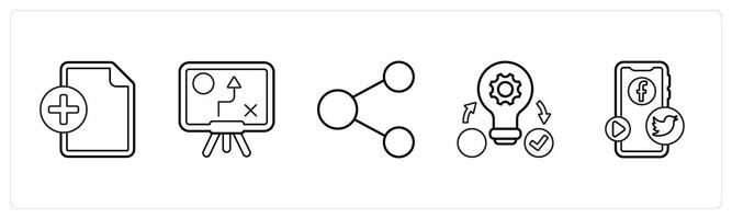 A set of 5 mix icons as add file, solution, share in black line color vector