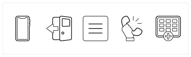 A set of 5 mix icons as mobile phone, exit door in black line color vector