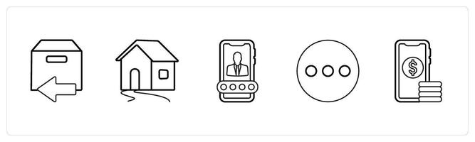 A set of 5 mix icons as returned parcel, home, user account in black line color vector
