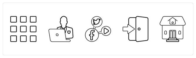 A set of 5 mix icons as square grid, busy man, social media in black line color vector