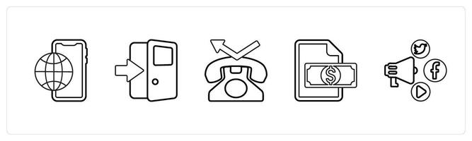 A set of 5 mix icons as digital media, exit door, contact in black line color vector
