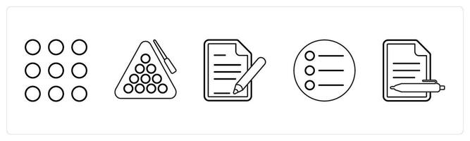 A set of 5 mix icons as dots grid, game, edit details in black line color vector