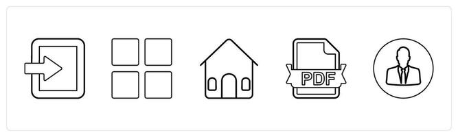 A set of 5 mix icons as tablet, grid, house, pdf file in black line color vector