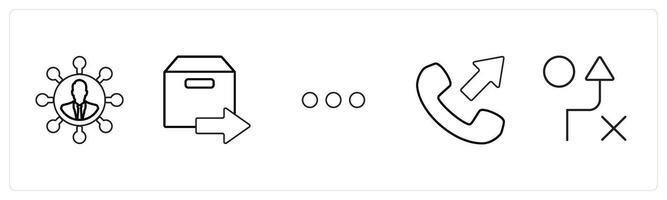 A set of 5 mix icons as user network, forward parcel, dots in black line color vector