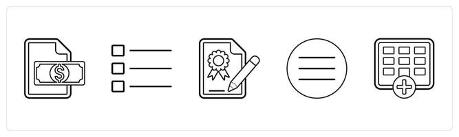 A set of 5 mix icons as finance document, list, certified document in black line color vector