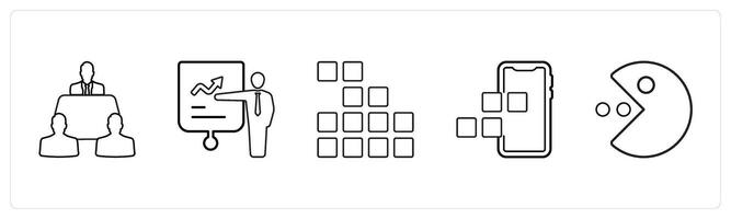 A set of 5 mix icons as meeting room, presentation, application in black line color vector