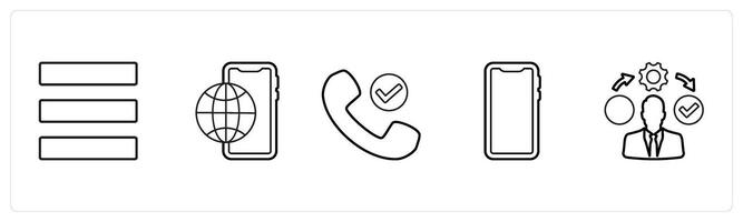 A set of 5 mix icons as menu bar, digital media, right contact in black line color vector