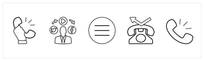 A set of 5 mix icons as receiver, social media, menu bar in black line color vector