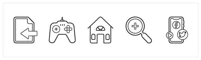 A set of 5 mix icons as document received, game, house in black line color vector