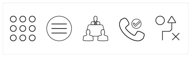 A set of 5 mix icons as dots grid, mobile menu, meeting room in black line color vector