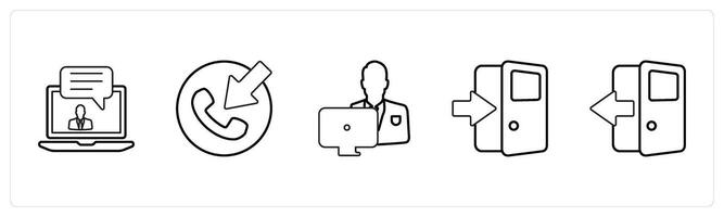 A set of 5 mix icons as message, contact, working man in black line color vector