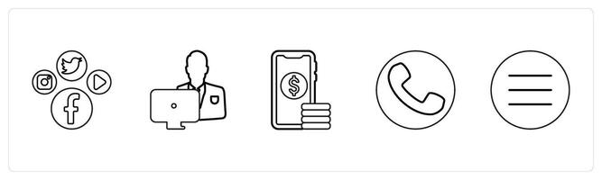 A set of 5 mix icons as social media, working man, digital money in black line color vector