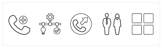 A set of 5 mix icons as add call, solution management, call forward in black line color vector
