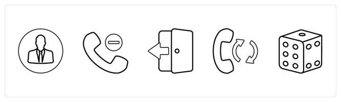 A set of 5 mix icons as user profile, remove contact, door enter in black line color vector