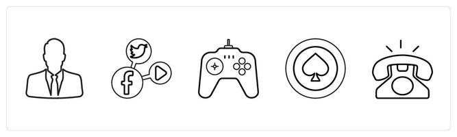 A set of 5 mix icons as man, social media, game in black line color vector