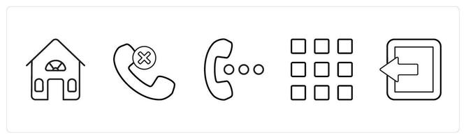 A set of 5 mix icons as house, wrong call, speaker in black line color vector
