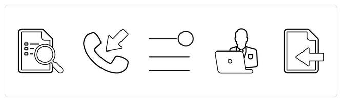 A set of 5 mix icons as search document, receive call, notofication bar in black line color vector