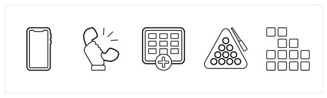 A set of 5 mix icons as mobile phone, receiver, schedule in black line color vector