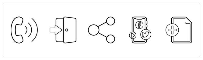 A set of 5 mix icons as dialing, door enter, share in black line color vector
