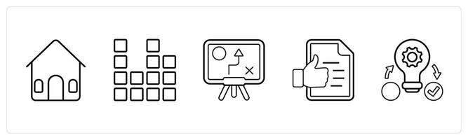 A set of 5 mix icons as house, diagram, solution in black line color vector