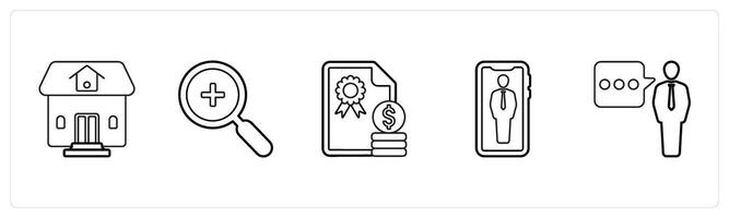 A set of 5 mix icons as residential property, magnifier, certified money in black line color vector