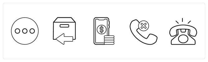 A set of 5 mix icons as menu, returned parcel, digital money in black line color vector